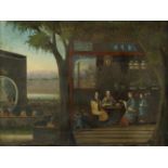 Anonymer Maler . 19. Jh. Interieur mit zwei Damen und einem Herrn beim Essen und eine Dienerin. Öl