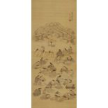 Suzuki Hyakunen (1825-1891) Hängerolle. Hundert Okame bei verschiedenen Tätigkeiten. Tusche und