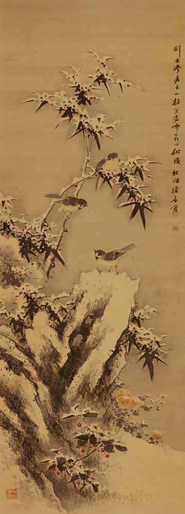 Kinoshita Shûtô (tätig in der Ära Kansei, 1854-1860) Hängerolle. Spatzen, verschneiter Bambus und