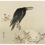 Ohara Koson (1877-1945) a) Shikishiban. Crow on flowering cherry branch at full moon. Signed: Koson.