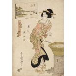 Kitagawa Utamaro II (?-1831) Ôban. Series: Bijin fûzoku awase. Woman at wash basin. Signed: