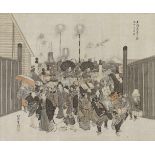 Anonym. 19. Jh. Die Brücke Nihonbashi mit einer Gruppe von Passanten und einem shishimai-Tänzer zu