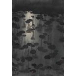 Bo Yun Lotosteich im Mondlicht. Hängerolle. Tusche und Farben auf Papier. Siegel: Bo Yun. 66 x 45,