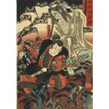 Utagawa Kuniyoshi (1797-1861) a) Three ôban. Heroes. Wada Heita Tanenaga Killing a Giant Snake;