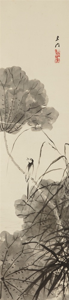 Yamauchi Tamon (1878-1932) Hängerolle. Bachstelze und Lotosblätter. Tusche auf Papier. Sign.: