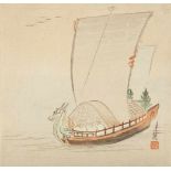 Ogata Gekkô (1859-1920) Two shikishiban. a) Treasure ship. Signed: Gekkô. Seal: Ogata Gekkô. b)