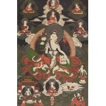 Thangka des Simhanada Avalokiteshvara. Tibet oder Mongolei. 19. Jh. Auf einem Schneelöwen sitzend,
