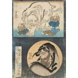 Utagawa Kuniyoshi (1797-1861) Three ôban. Daruma. a) Title: Dôke Daruma ken. Three actors as