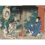 Utagawa Kuniyoshi (1797-1861) a) Ôban diptych. Scene from Yotsuya Kaidan. The ghost of Ôiwa cradling