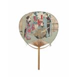 Utagawa Yoshitaki (1841-1899) 21 x 27.7 cm. Uchiwa-e. Woodblock print mounted as a fan. Three actors