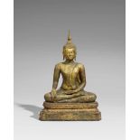 Buddha in maravijaya. Bronze. Thailand. 19. Jh. Im Meditationssitz auf einem doppelten Lotoskissen