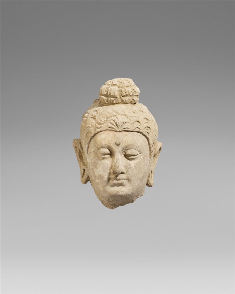 Buddha-Kopf. Stucco. Pakistan, Hadda. 3./4. Jh. Ebenmäßige Züge, die in Wellen gelegten Haare