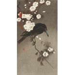 Ohara Koson (1877-1945) Two ô-tanzaku. a) Crow on flowering cherry branch. Version with strong