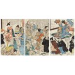 Utagawa Kuniyoshi (1797-1861) a) Ôban triptych. Title: Toki ni ôtsu-e kitai no maremono. Kuniyoshi