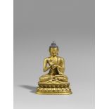 Buddha Vairocana. Feuervergoldete Bronze. Sinotibetisch. 18./19. Jh. Der predigende Buddha sitzt auf