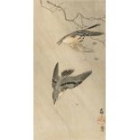 Ohara Koson (1877-1945) and Kobayashi Kiyochika (1847-1915) a) Ô-tanzaku. Two songbirds in the rain.