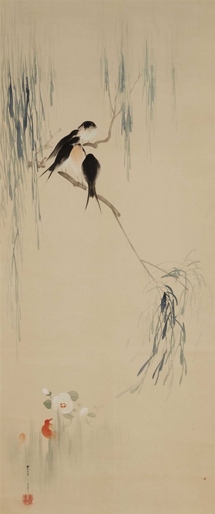 In der Art von Watanabe Seitei (1851-1918) Hängerolle. Fünf Schwalben auf einem Trauerweidenast. - Image 2 of 2