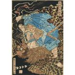 Utagawa Kuniyoshi (1797-1861) Three ôban. a) Oki jirô Hiroari fighting a giant tengu. Signed: