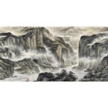 Xu Dahuzi . 20. Jh. Felsenschlucht mit Wasserfall. Tusche und Farben auf Papier. Aufschrift,