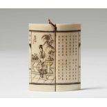 Anhänger. Elfenbein. 1. Hälfte 20. Jh. In Form eines aufgeschlagenen Buches, betitelt "Tang shi" (