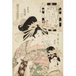 Kitagawa Utamaro II (?-1831) Ôban. Series: Yûkun jihitsu gaku hinagata. The courtesan Shizuka from