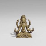 Vishnu. Bronze. Nepal. 17. Jh. Der Bewahrer des Universums sitzt in dhyanasana, in seinen vier