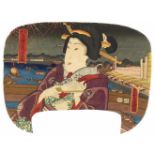 Utagawa Kunisada (1786-1864) Uchi-e. Title: Edo jiman no uchi, Ryôgokubashi. Woman watching