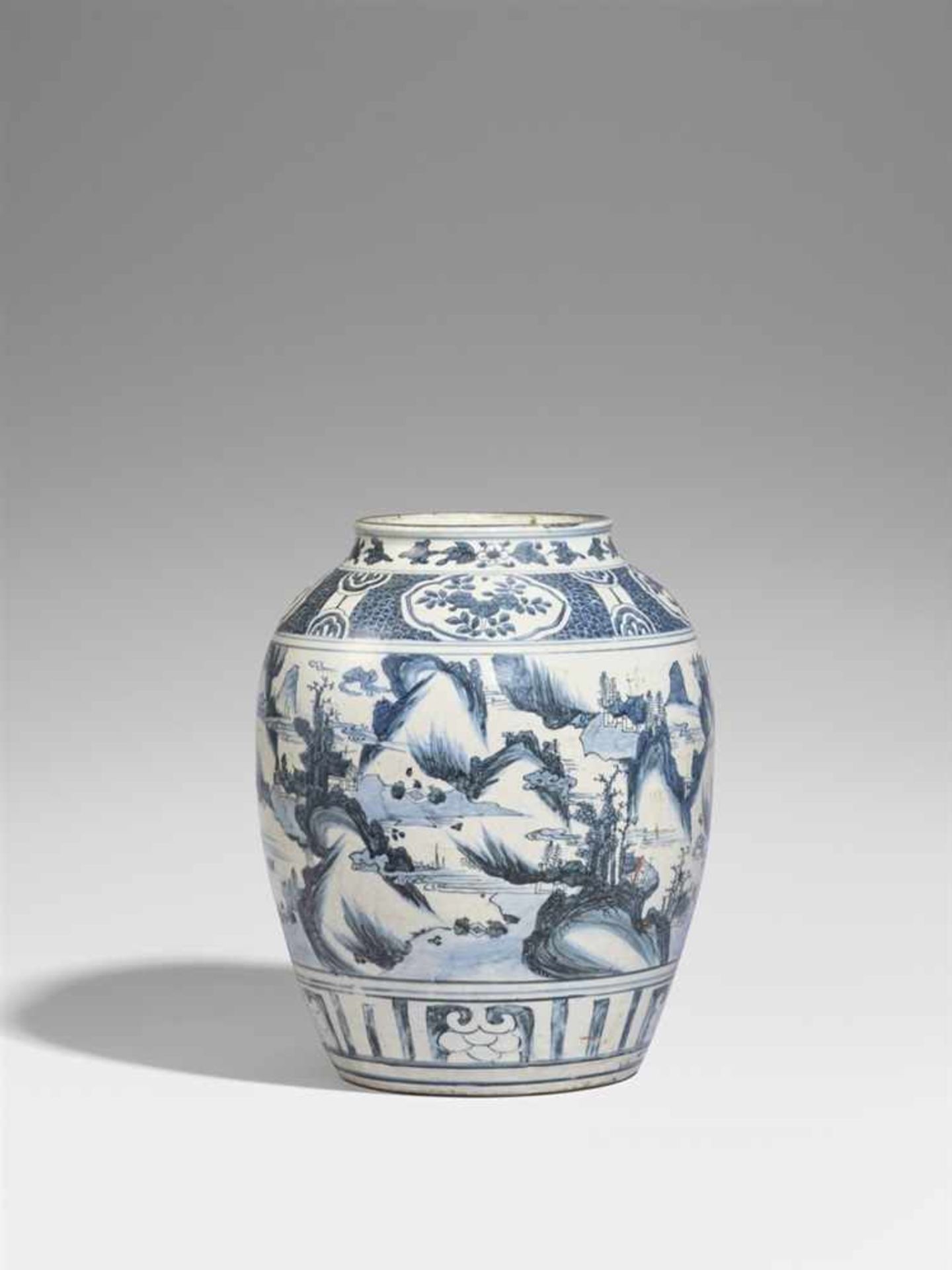 Großer blau-weißer Topf. Späte Ming-Zeit (1368-1644) Eiförmiger Topf mit weitem Halsring,