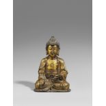 Buddha Shakyamuni. Bronze mit Vergoldung. 17./18. Jh. Im Meditationssitz, die rechte Hand in