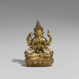 Avalokiteshvara. Vergoldete Bronze. Tibet. 19./20. Jh. Die Haupthände in namaskara mudra, in den