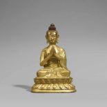 Buddha Vairocana. Gelbguss. Tibet. 19. Jh. In Meditationssitz auf einem doppelten Lotosthron, in