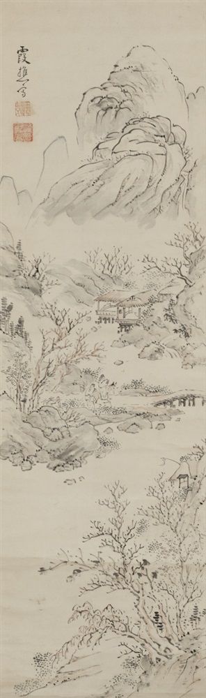 In der Art von Ikeno Taiga (1723-1776) Hängerolle. Bergige Landschaft und spazierender Gelehrter.