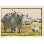 Yoshida Tôshi (1911-1995) Chûban, yoko-e. Title: Rhinoceros. A two-horned rhinoceros with calf.