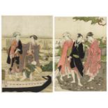 Utagawa Toyokuni I (1769-1825) Two ôban, parts of a triptych. Gathering shells on a beach. A company