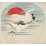 Artist of the Meiji era 23.3 x 25.8 cm. Uchiwa-e. Two cranes flying in front of the red sun. Signed.