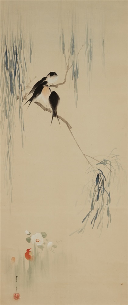 In der Art von Watanabe Seitei (1851-1918) Hängerolle. Fünf Schwalben auf einem Trauerweidenast.