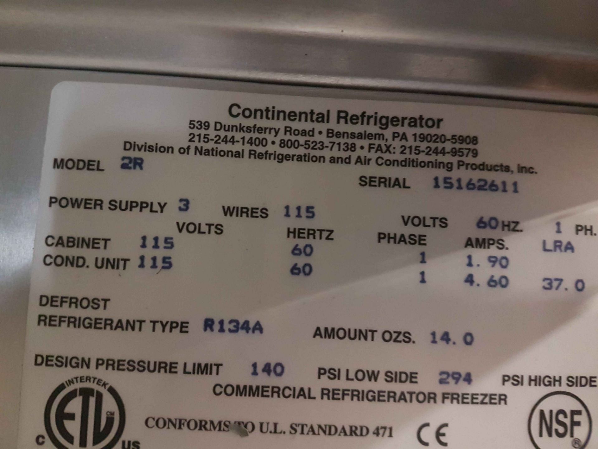 Continental Stainless 2 Door Cooler - Model R2 - S/N 15162611 - Bild 3 aus 3