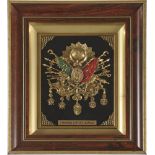 Ottoman state coat of arms, framed, 20th Century Wood frame, gilt bronze enameled weapon. Very