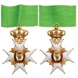 ORDER OF VASA Commander's Cross, 3rd Class, instituted in 1772. Neck Badge, 55 mm, GOLD, both