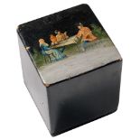 Rectangular tea box, black lacquered wood with scene on the lid "Tea party" Opening with hinge,