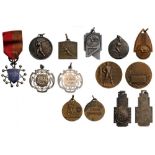 Lot of 10 Sports Medals Breast Badges, Bronze, silvered bronze, different sizes, one enameled,