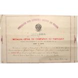 Commemorative Medal of the Paraguayan War, instituted 1870 Awarding Document for the Silver Medal,