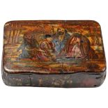 Rectangular box, lacquered and painted wood, scene "The moment of the prayer" Lid and hinge, good