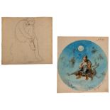 Watercolor on paper Circular view representing "Farmer riding on the devil in the sky", subject of a