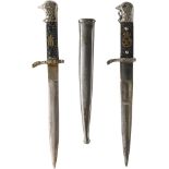 Lot of 3 daggers, with dove head, 1930-1947 King Charles II Dagger: nickel metal blade and guard