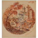 Blood rose watercolor on paper Circular view representing a "Town, canal and characters" and a