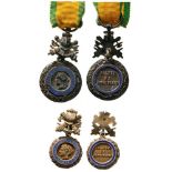 Lot of 2 Military Medal 3rd Republic, instituted in 1852. Miniatures Breast Badge, gilt Silver,
