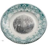 Commemorative dessert plate in earthenware Motive with green interlacing on the border and a central