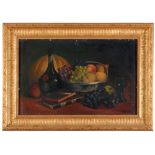 Oil on canvas stilllife painting Depicting a table loaded with fruits in a silver tray with grapes