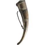 Powder Horn with belt, 19th Century Silver and brass fittings embossed and engraved. Length: 32